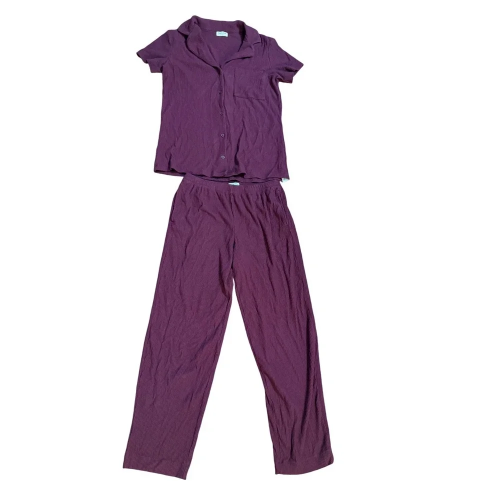 Tommy John Womens Plum‎ Ribbed Pajama Set Short Sleeve Button Top Pants Small